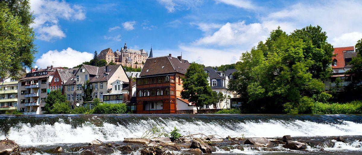 view on Marburg city with castle from Lahn river