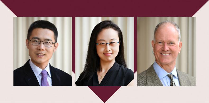 From left are Drew Hubbell, associate professor of English; Hualu Zheng, assistant professor of marketing and management; and Bo Liu, ass...“srcset = 